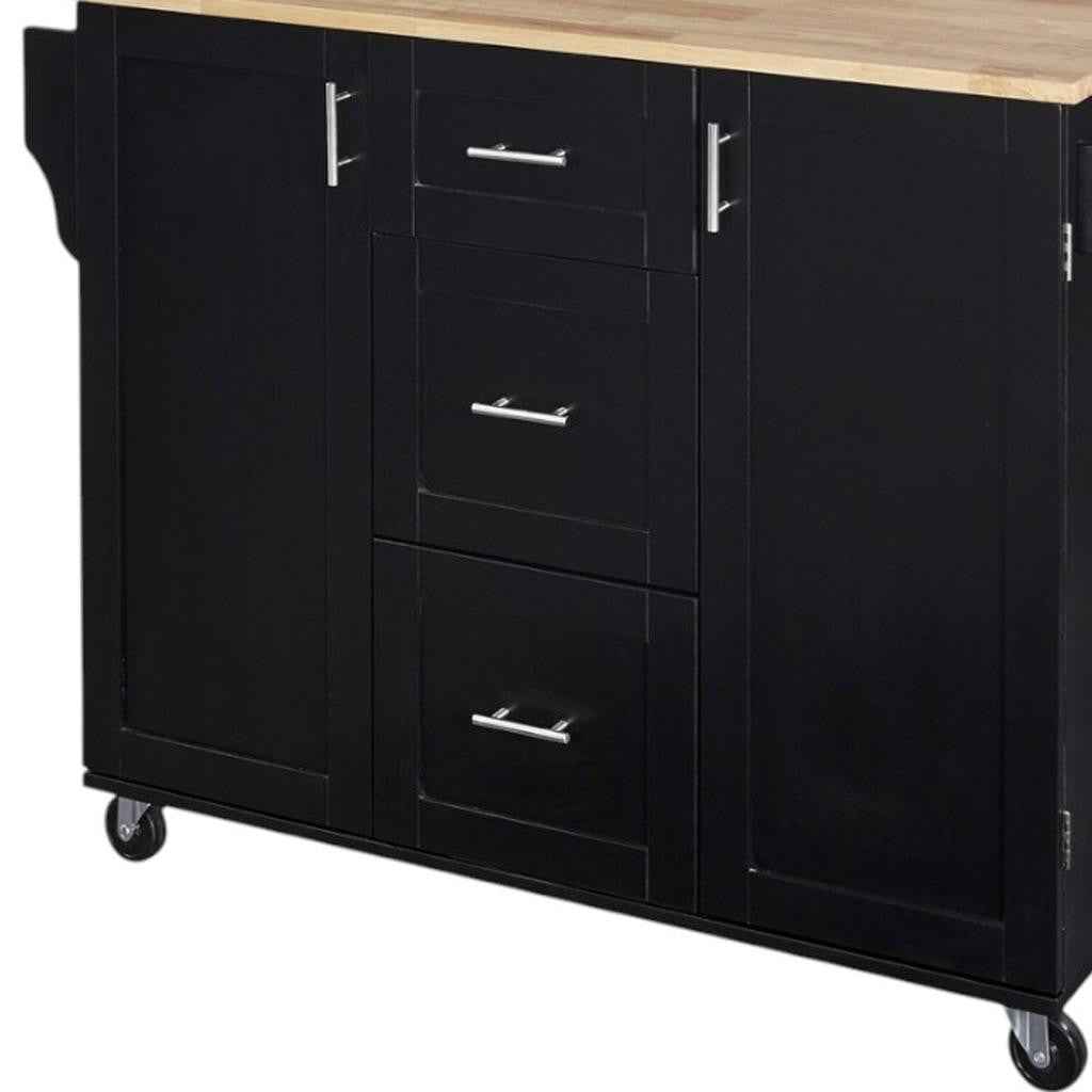 50" Black Wood Rolling Kitchen Island