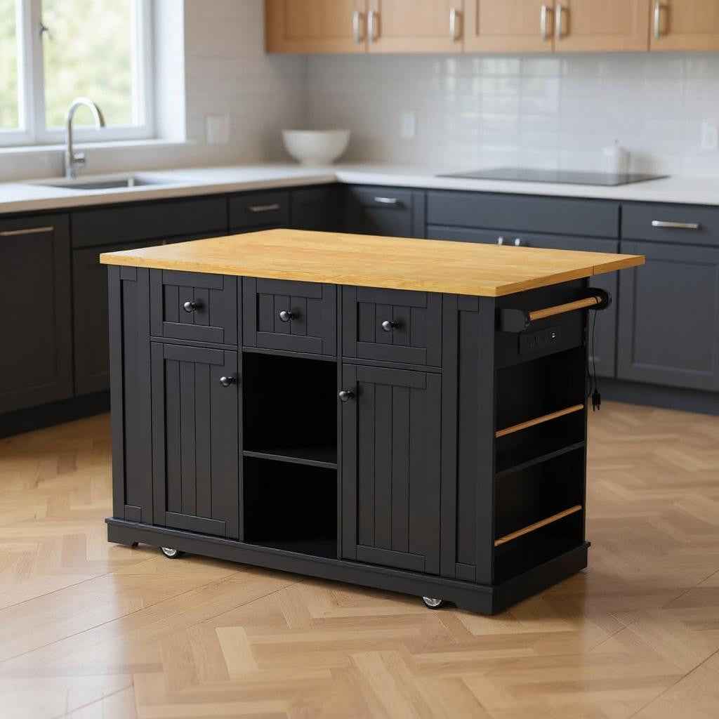 53" Black Wood Rolling Kitchen Island With Storage