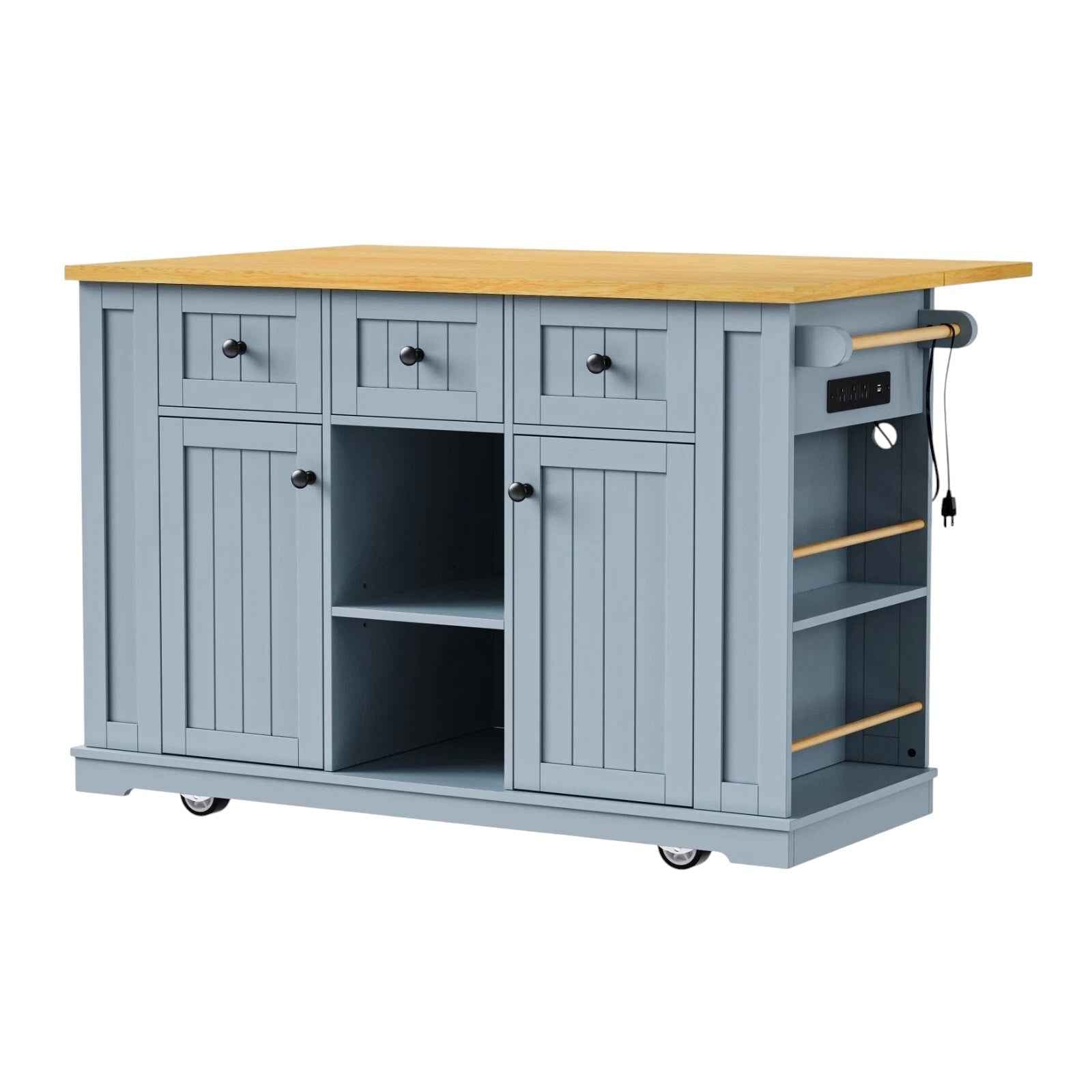 53" Light Blue Wood Rolling Kitchen Island Set With Storage