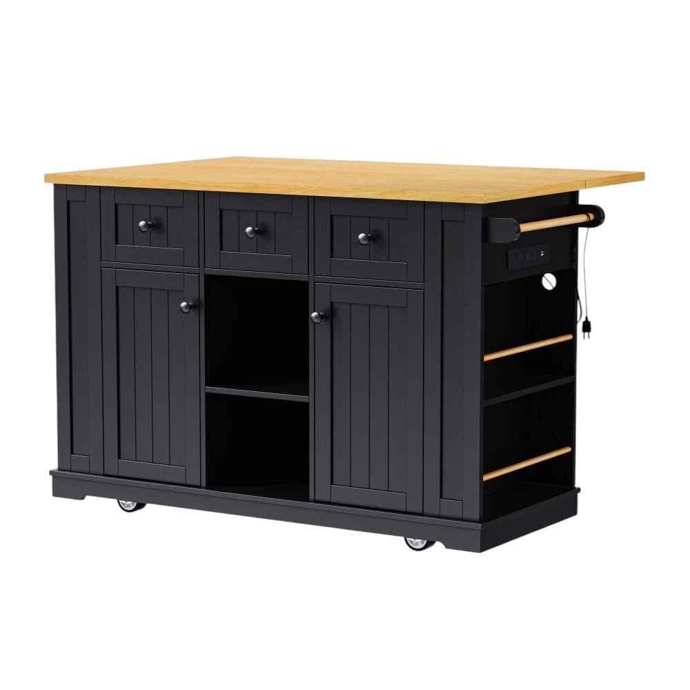 53" Black Wood Rolling Kitchen Island Set With Storage