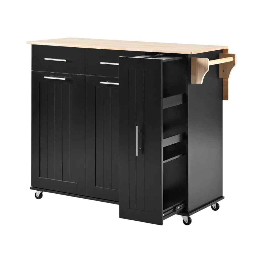 46" Black Wood Rolling Kitchen Island With Storage
