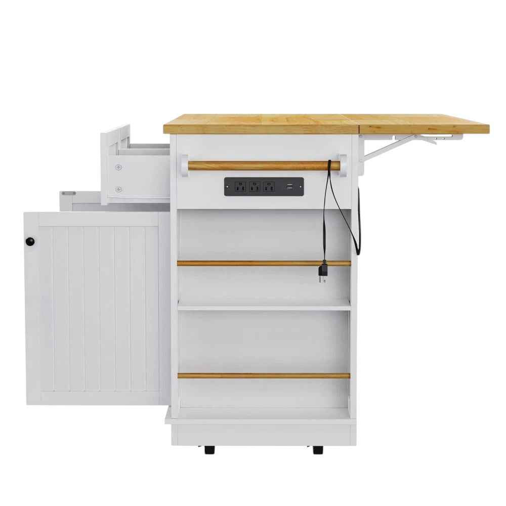 48" White Wood Rolling Kitchen Island With Storage