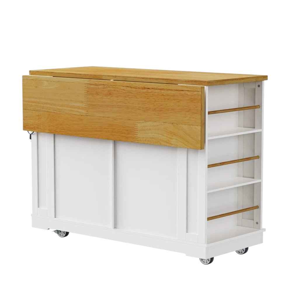 48" White Wood Rolling Kitchen Island With Storage