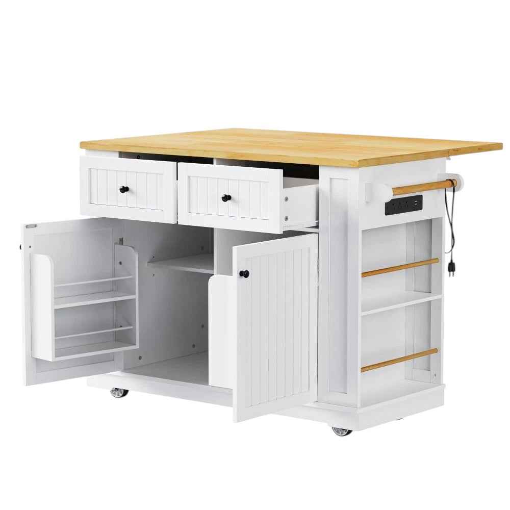 48" White Wood Rolling Kitchen Island With Storage