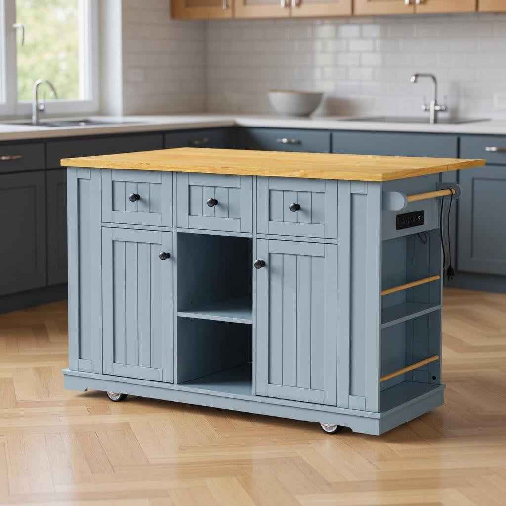 53" Light Blue Wood Rolling Kitchen Island With Storage
