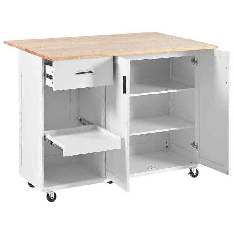 49" White Wood Rolling Kitchen Island With Storage