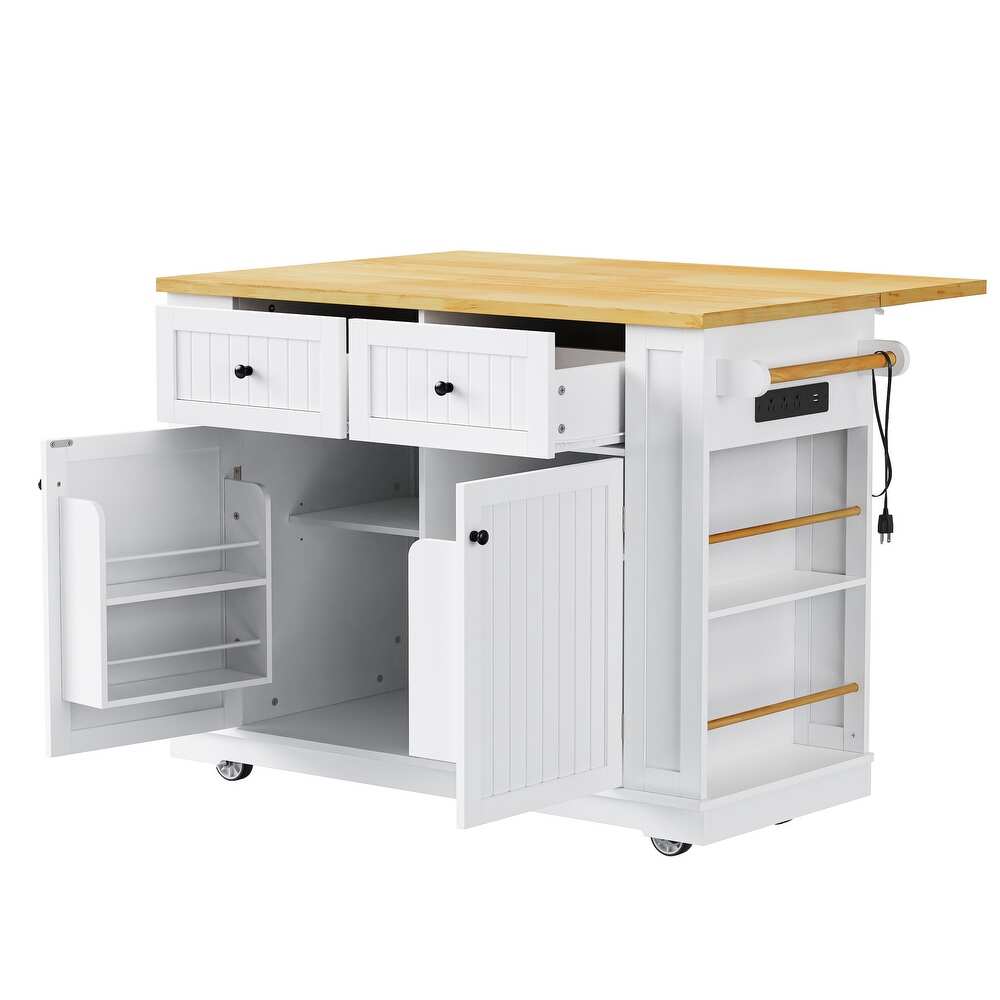 45" White Wood Rolling Kitchen Island Set With Storage - GreatEagleInc