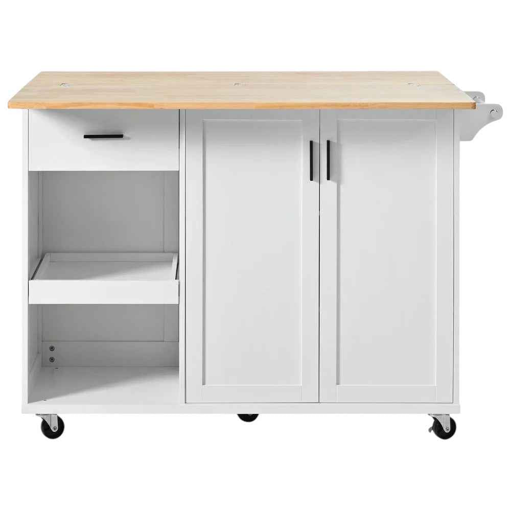 49" White Wood Rolling Kitchen Island With Storage