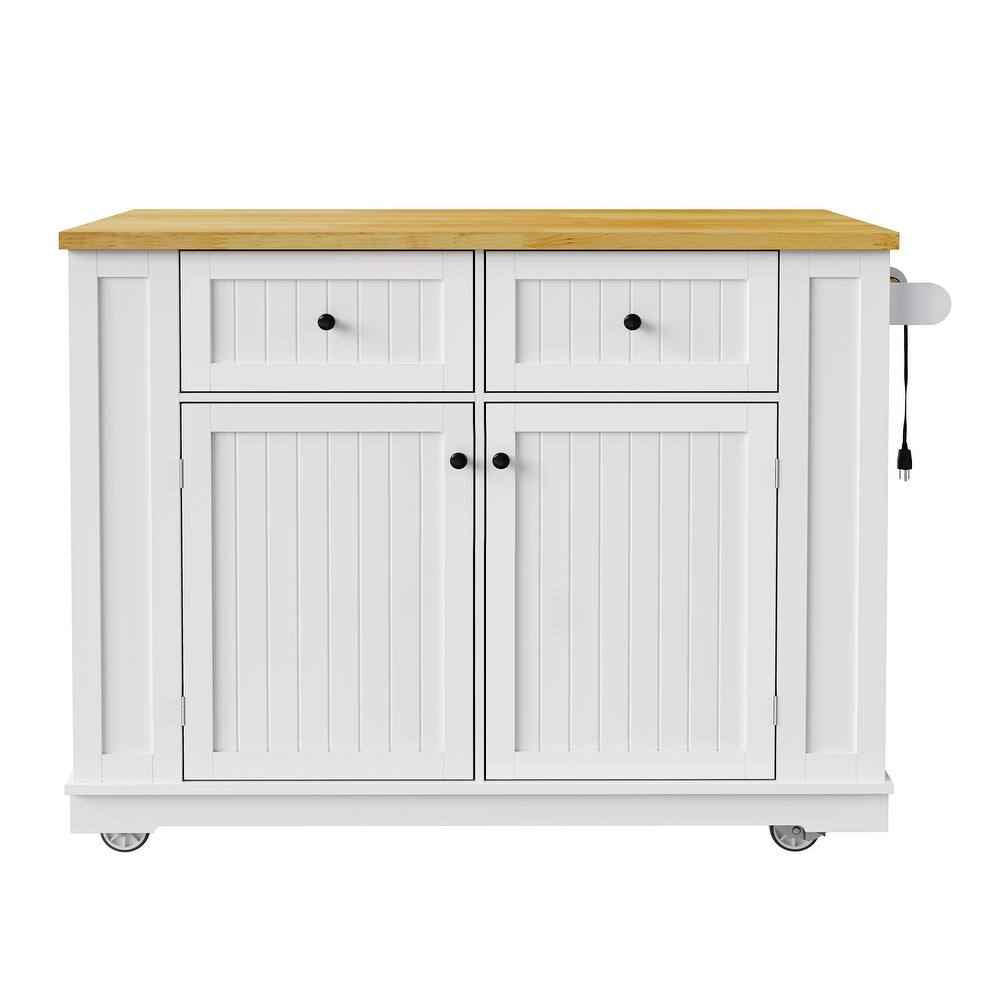 45" White Wood Rolling Kitchen Island Set With Storage