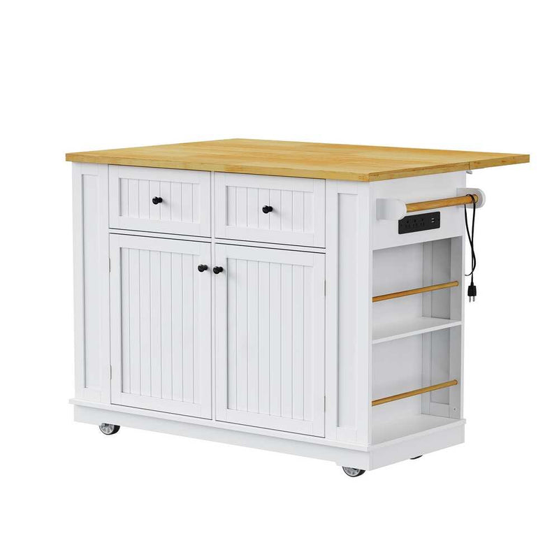 45" White Wood Rolling Kitchen Island Set With Storage - GreatEagleInc