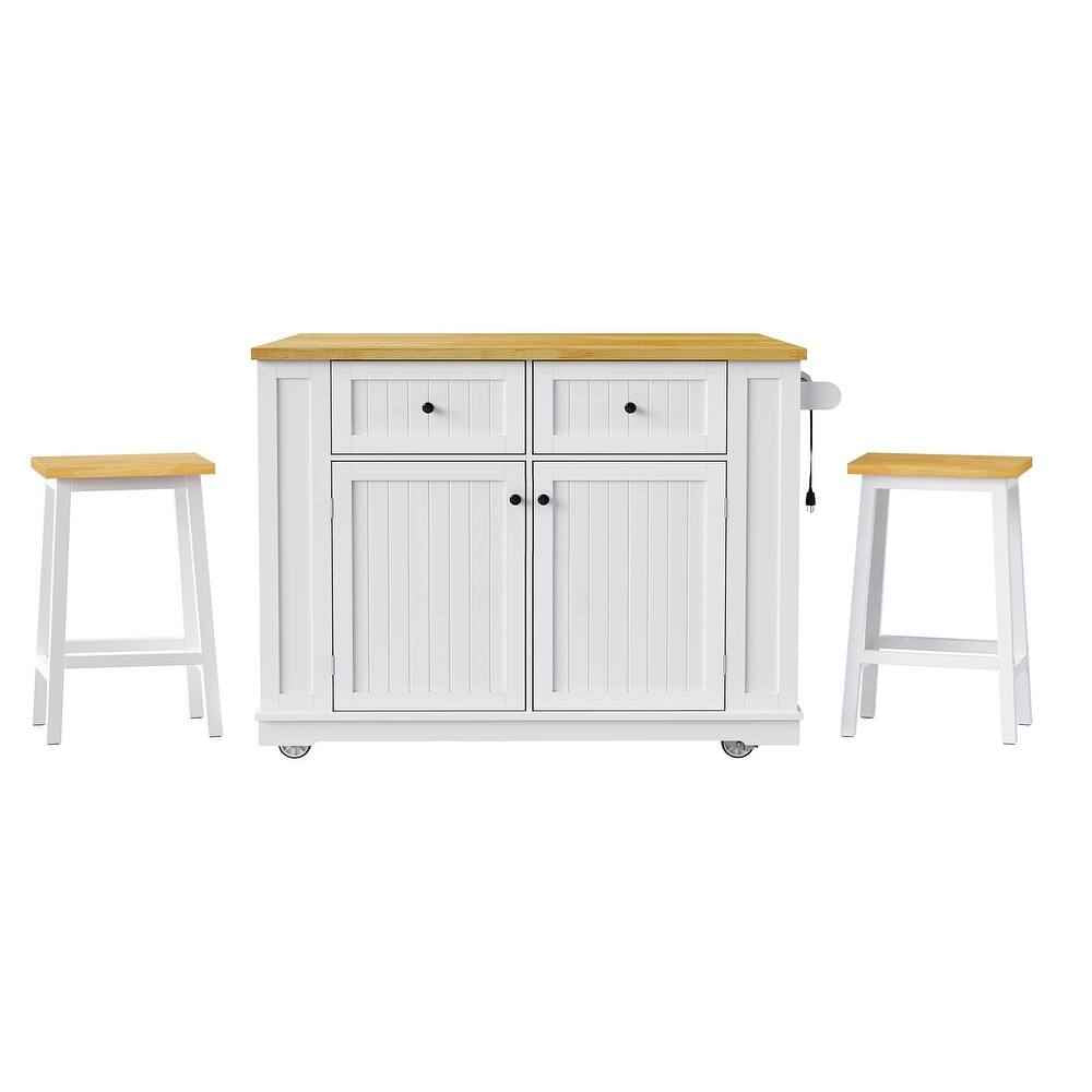 45" White Wood Rolling Kitchen Island Set With Storage