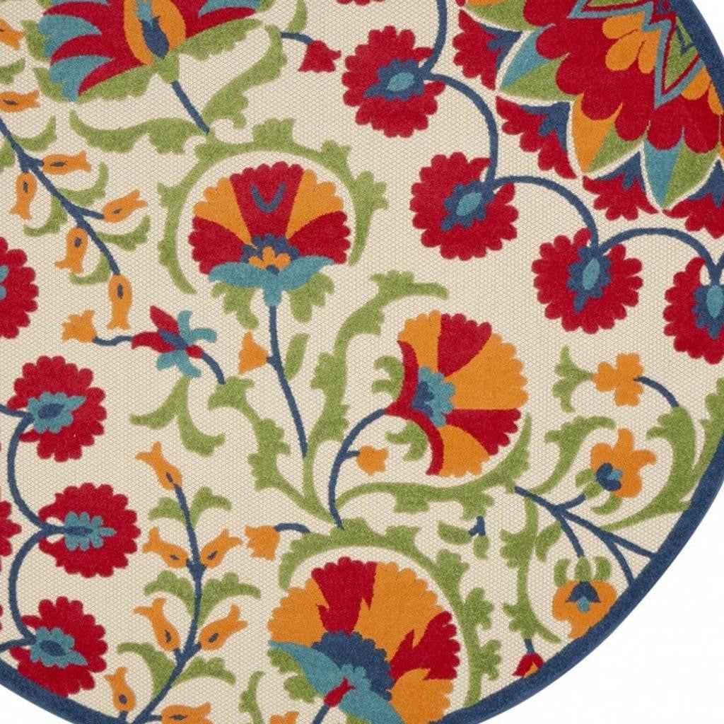 8' Red And Ivory Round Floral Indoor Outdoor Area Rug