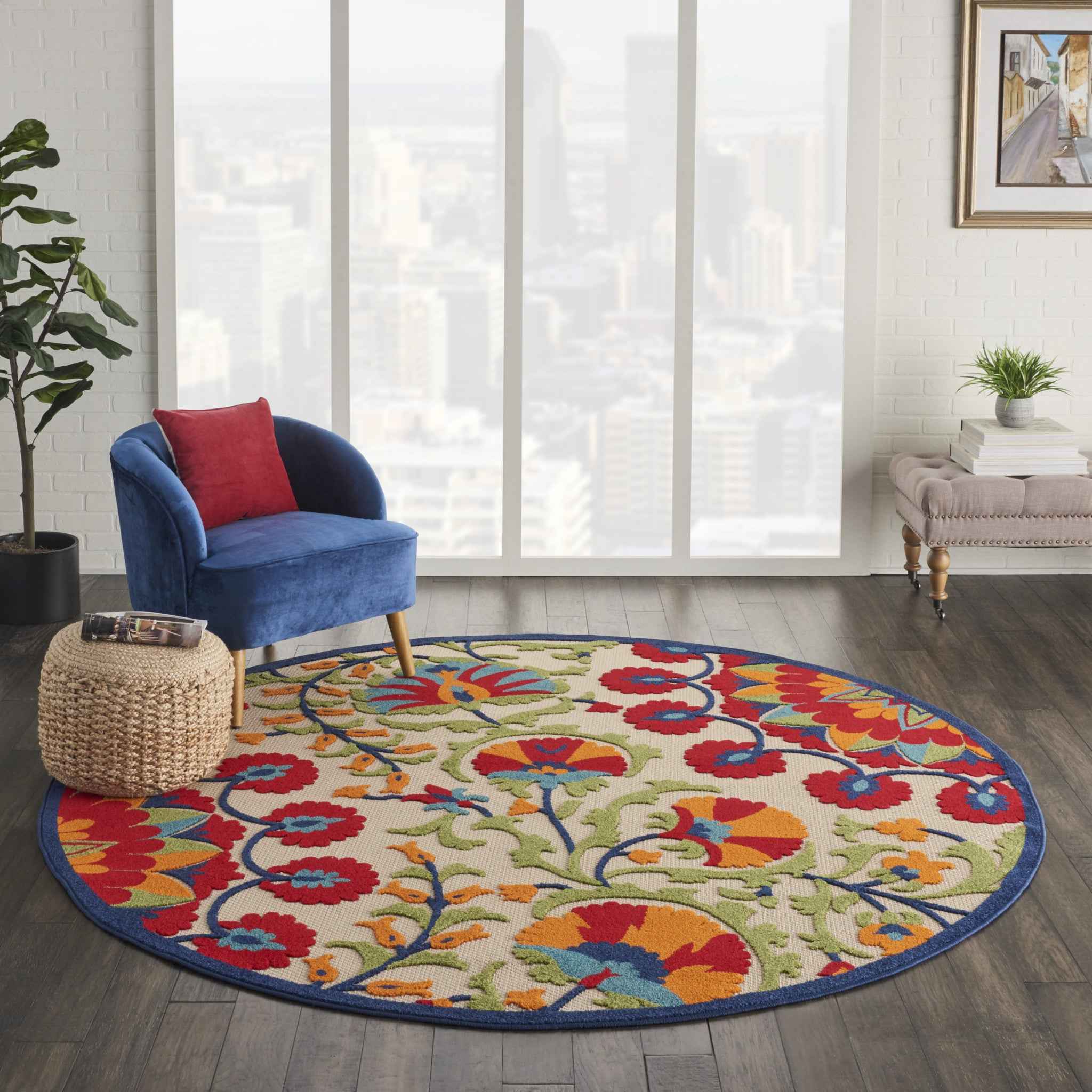 8' Red And Ivory Round Floral Indoor Outdoor Area Rug