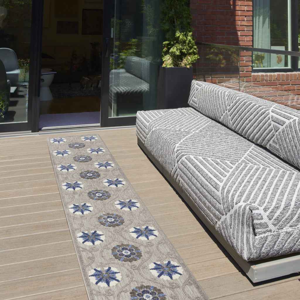 12' Blue And Gray Indoor Outdoor Runner Rug