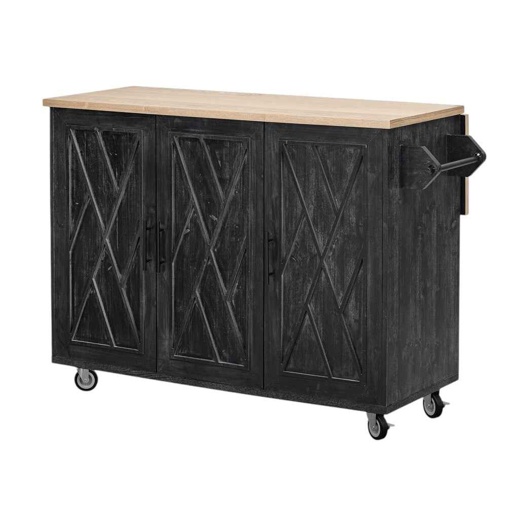 51" Black Wood Rolling Kitchen Island
