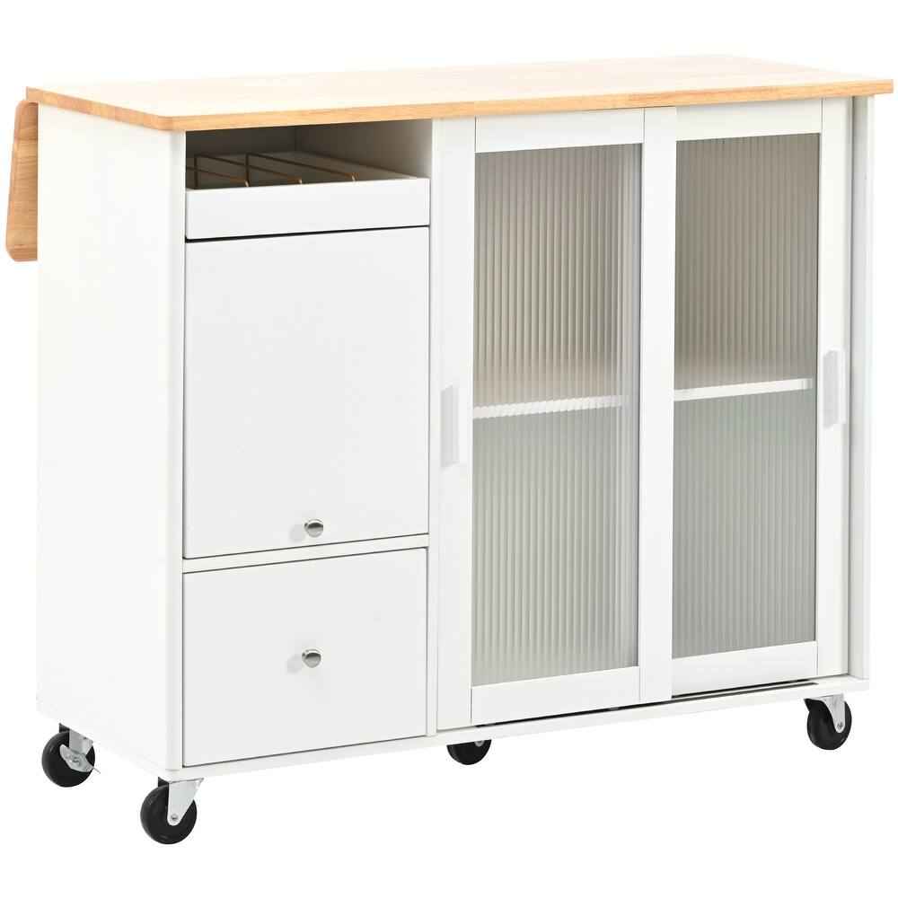 44" White Wood Rolling Kitchen Island With Storage