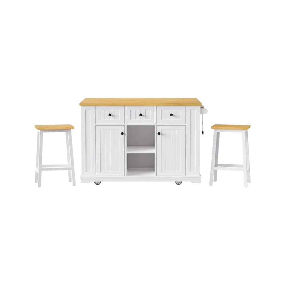 53" White Wood Rolling Kitchen Island Set With Storage