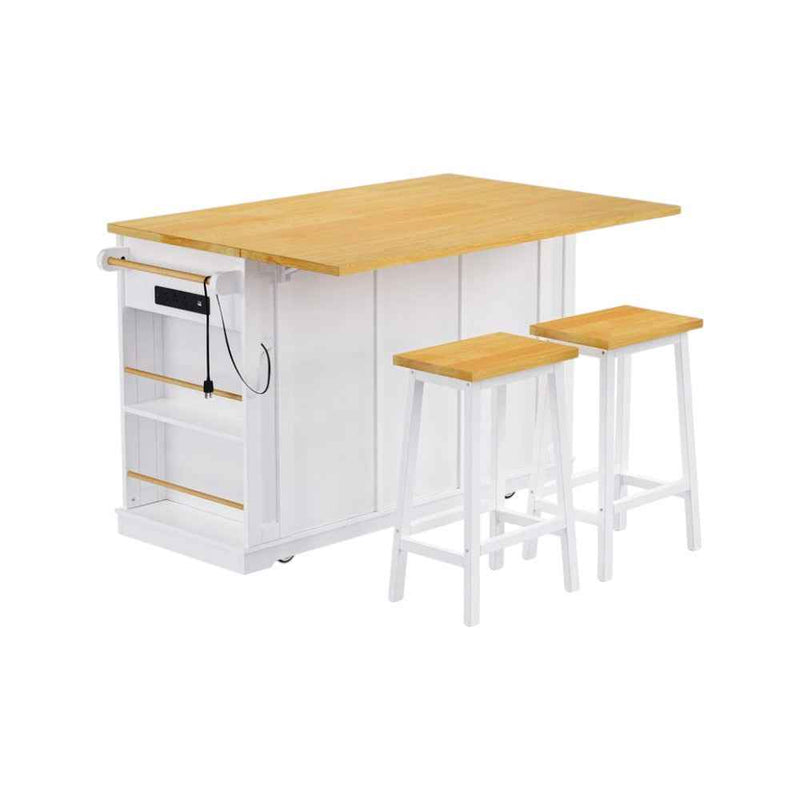 53" White Wood Rolling Kitchen Island Set With Storage