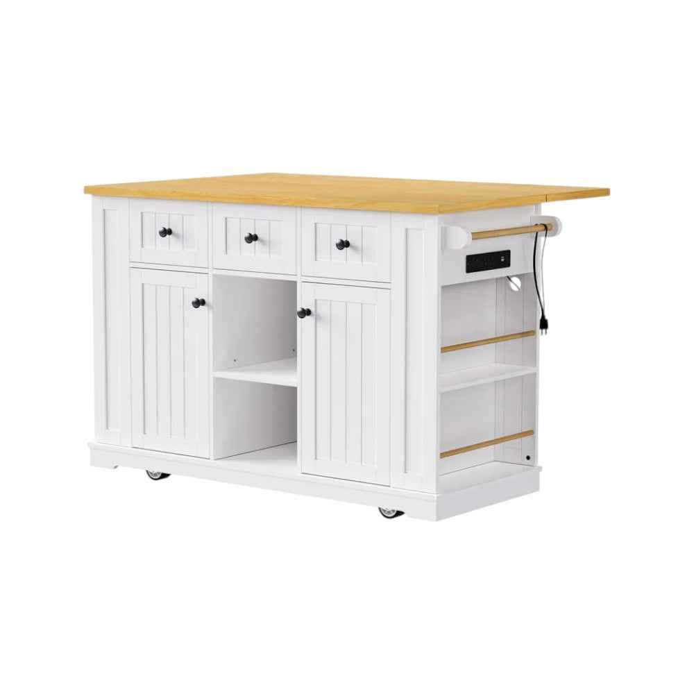 53" White Wood Rolling Kitchen Island Set With Storage