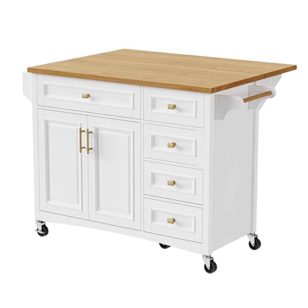 52" White Wood Rolling Kitchen Island