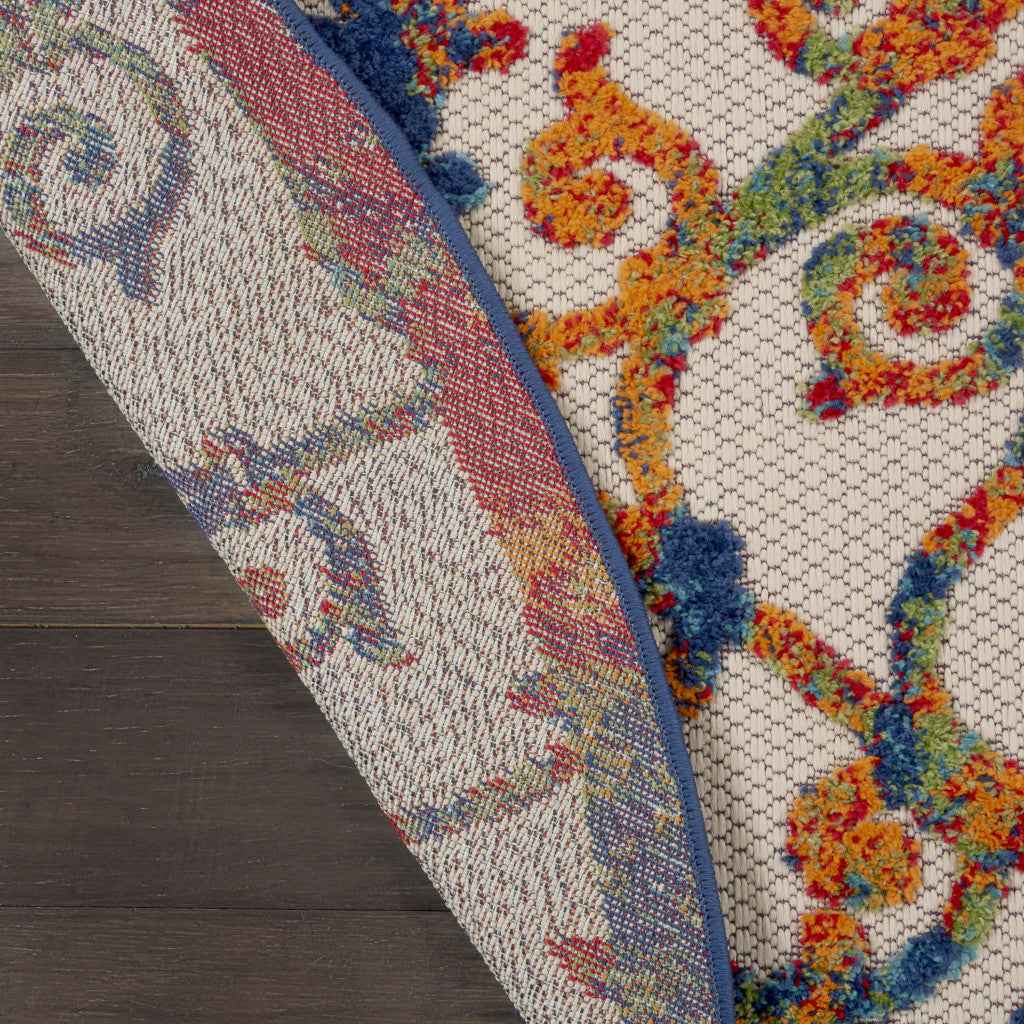 5' Ivory And Blue Round Indoor Outdoor Area Rug