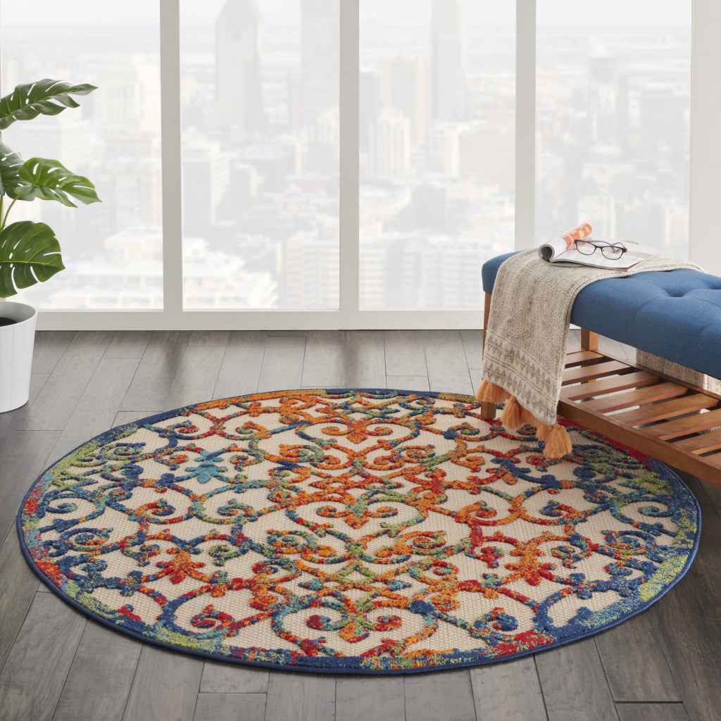 5' Ivory And Blue Round Indoor Outdoor Area Rug