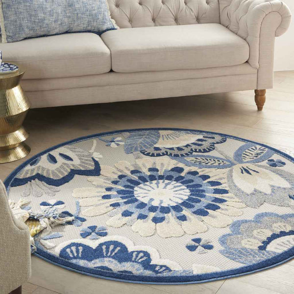 5' Blue And Gray Round Indoor Outdoor Area Rug