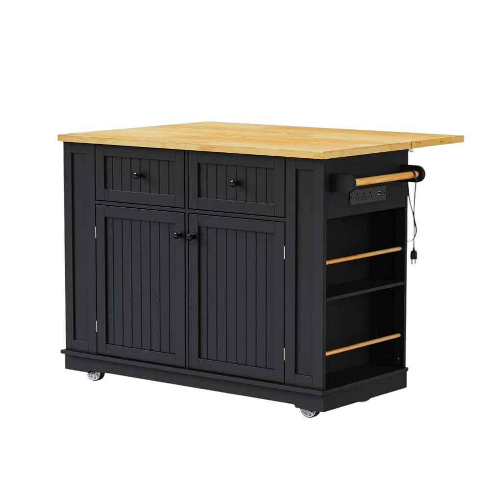 48" Black Wood Rolling Kitchen Island With Storage