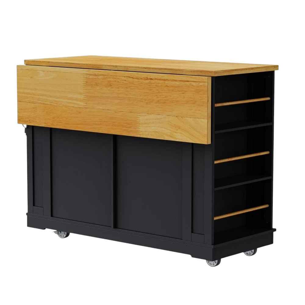 48" Black Wood Rolling Kitchen Island With Storage