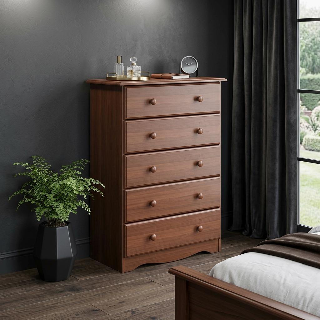 Solid wood five-drawer dresser with dark brown finish and round bronze knobs