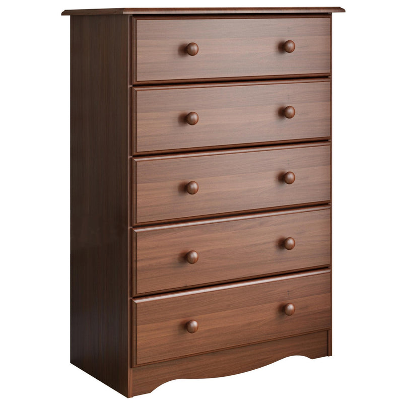Solid wood five-drawer dresser with dark brown finish and round bronze knobs, front view
