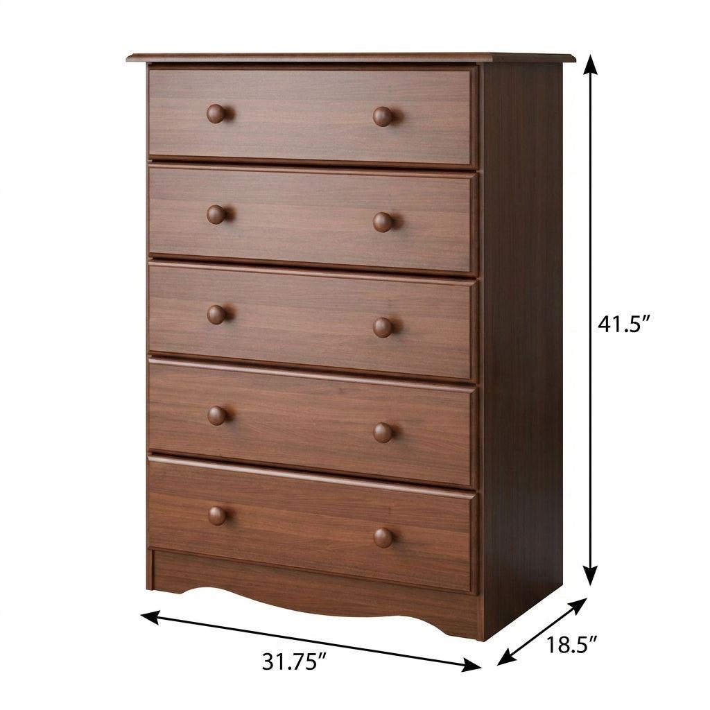 Five-drawer solid wood dresser, dark brown, round knobs; 41.5 in height marked