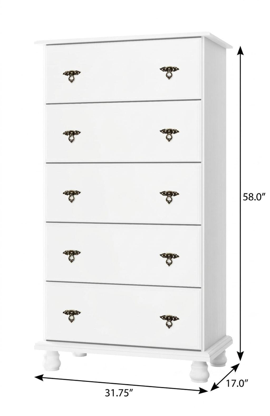 White solid wood five-drawer dresser with four small feet and dark metal knobs