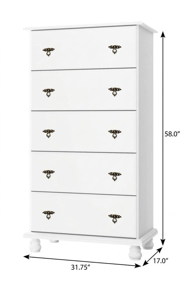 White solid wood five-drawer dresser with four small feet and dark metal knobs