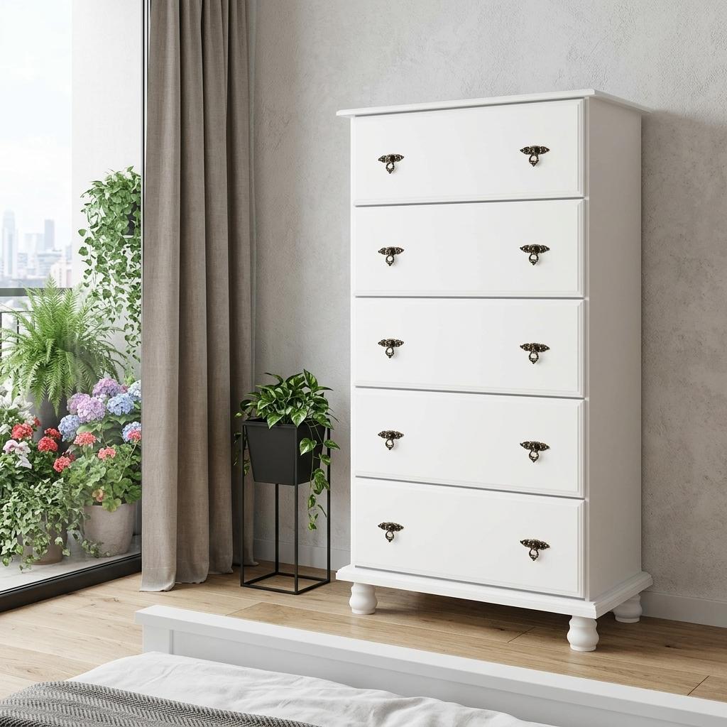 White solid wood five-drawer dresser with angled front view and dark metal knobs