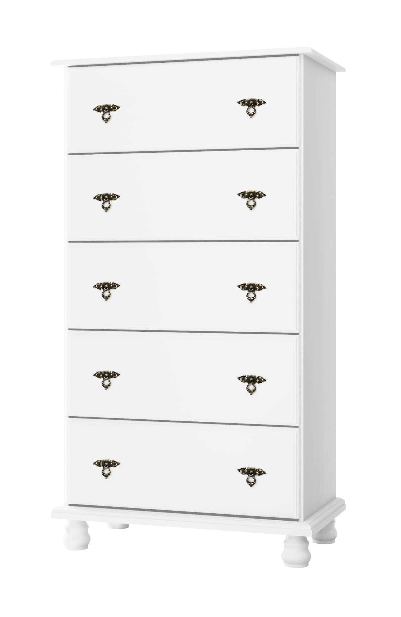 White solid wood five-drawer dresser with ornate dark knobs on each drawer