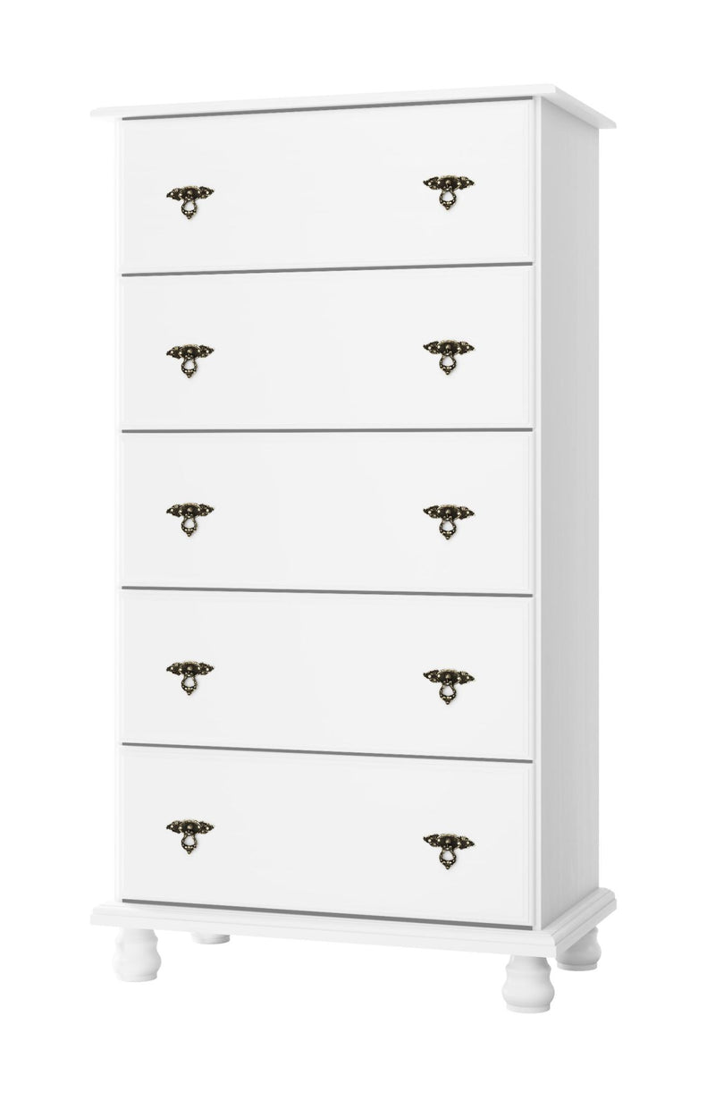 White solid wood five-drawer dresser with ornate dark knobs on each drawer