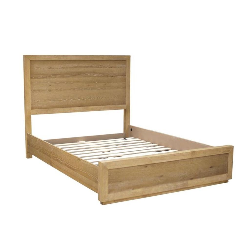 Light oak queen bed frame with slatted center support and matching footboard