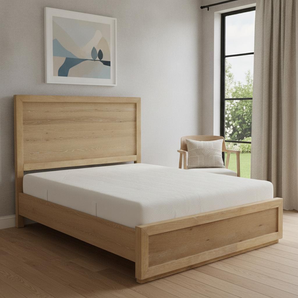 Light oak queen bed frame with slatted base and white mattress with pillows