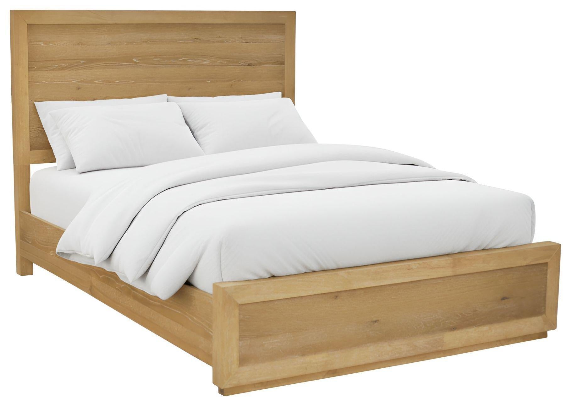 Light oak queen bed frame with slatted base and white bedding on top