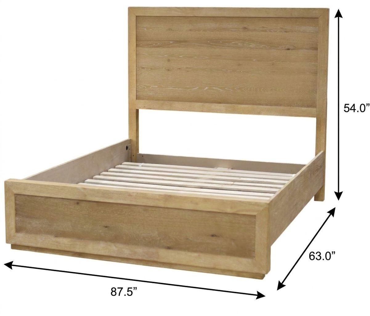 Light oak queen bed frame with slatted base and tall paneled headboard