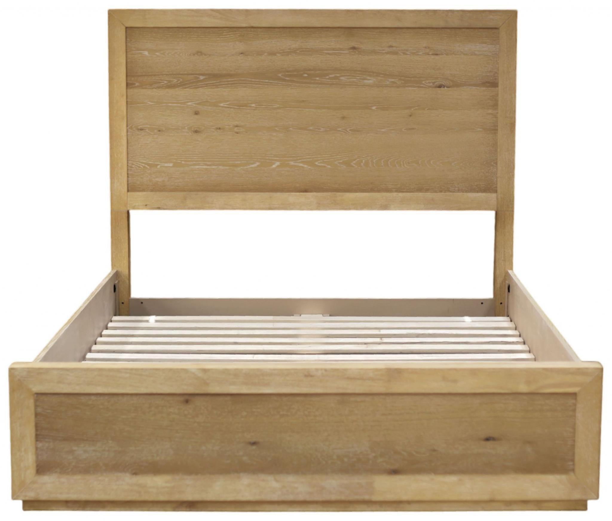 Light oak queen bed frame with slatted platform, raised side rails, paneled headboard