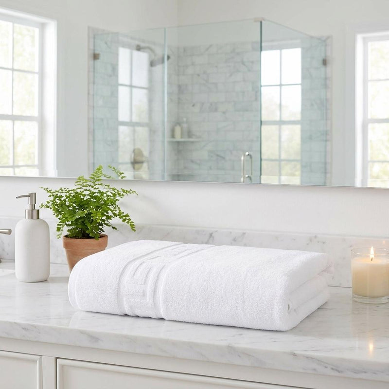 Folded white Turkish cotton towels, set of six stacked on a countertop