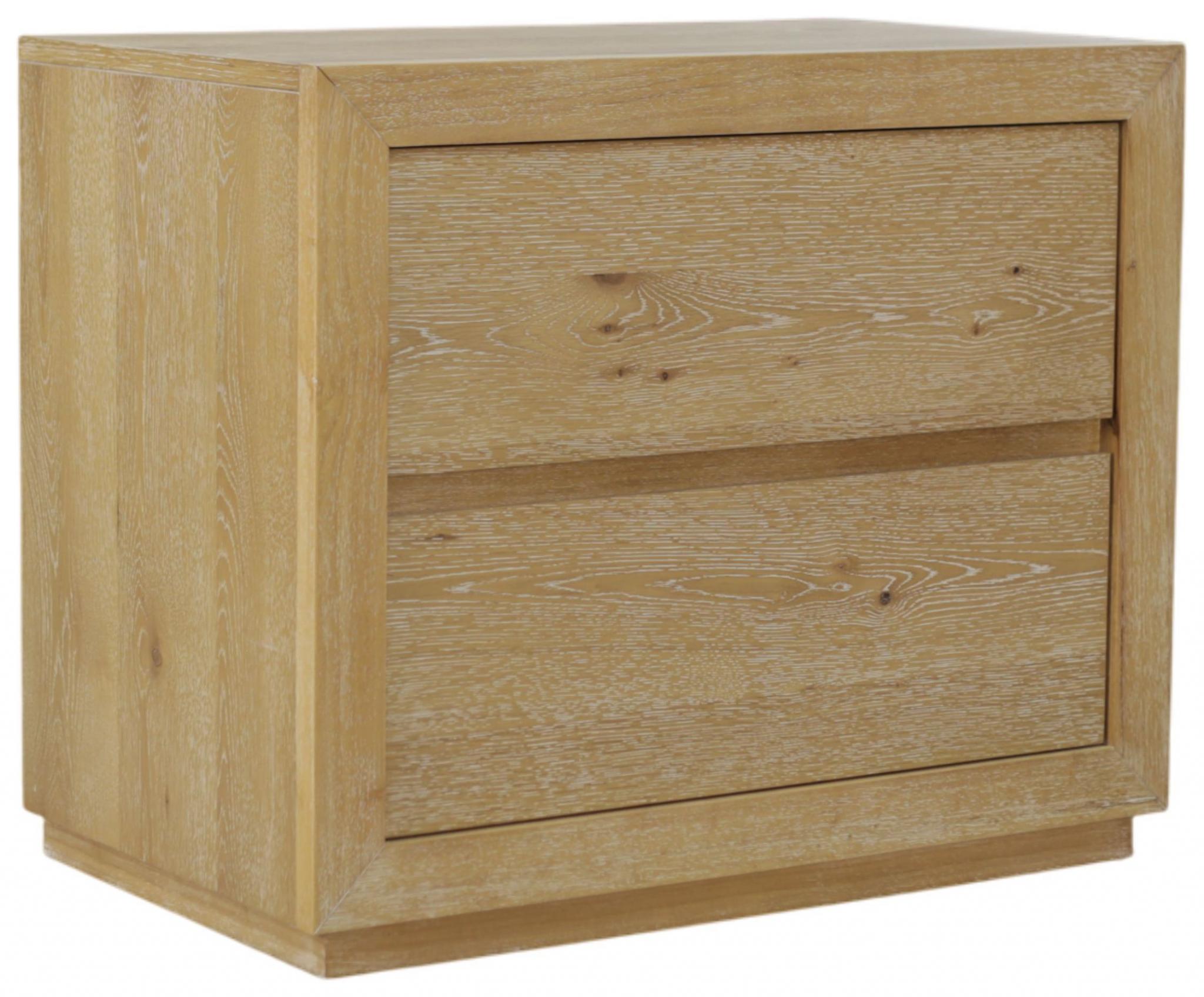 Oak wood two-drawer nightstand side view with framed fronts and solid base