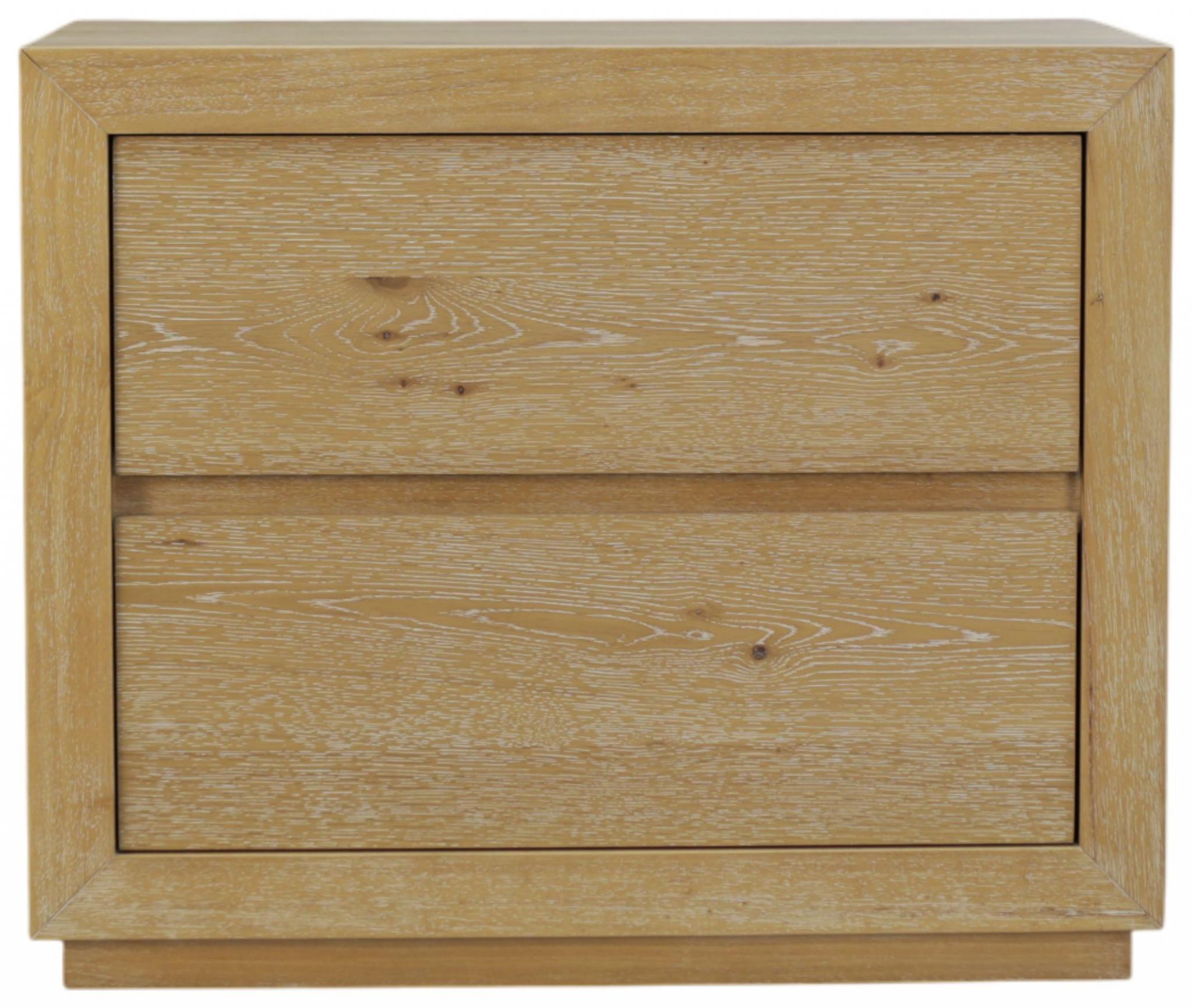 Oak wood two-drawer nightstand with framed drawer fronts and subtle wood grain