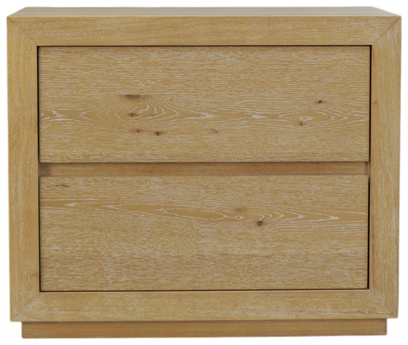 Oak wood two-drawer nightstand with framed drawer fronts and subtle wood grain