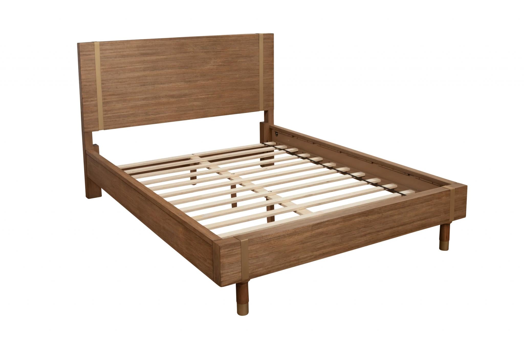 Natural wood full bed frame with panel headboard, slatted support, and tapered legs