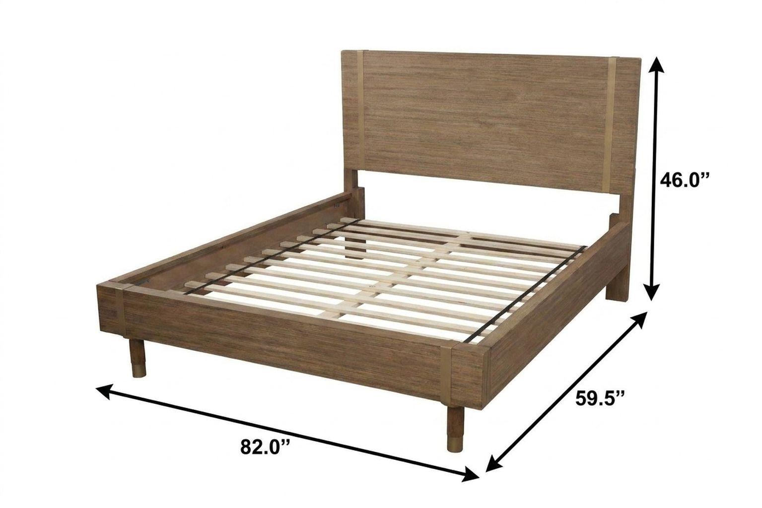 Natural wood full bed frame, 82"x59.5"x46" with slatted platform and panel headboard