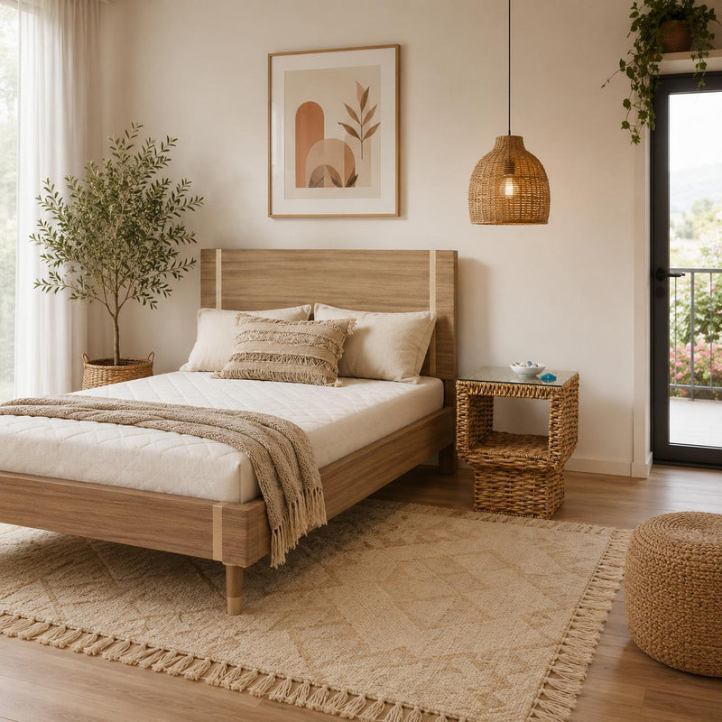 Natural wood full bed frame with slatted base and headboard, styled with beige bedding