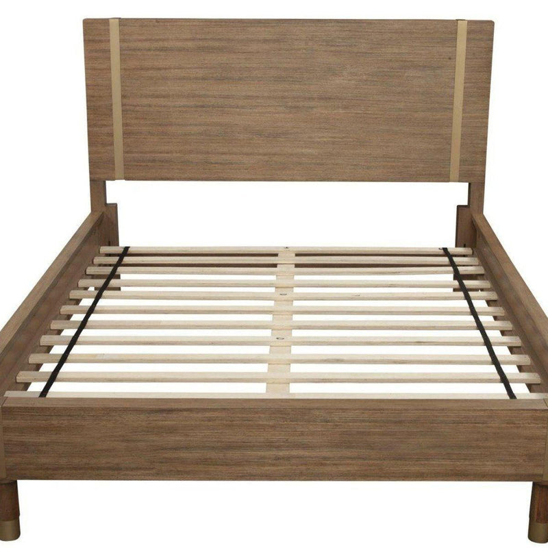 Natural wood full bed frame with tall panel headboard and slatted base with black braces